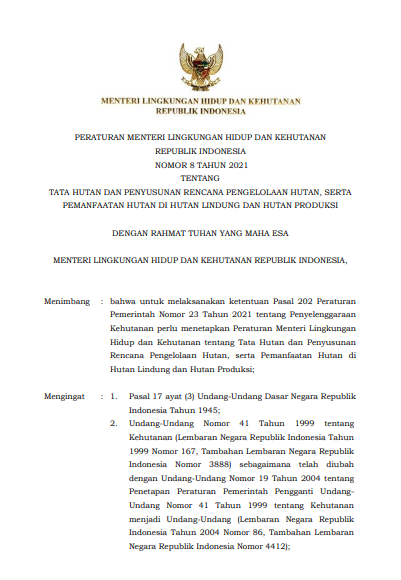 PERATURAN MENTERI LINGKUNGAN HIDUP DAN KEHUTANAN NOMOR 08 TAHUN 2021